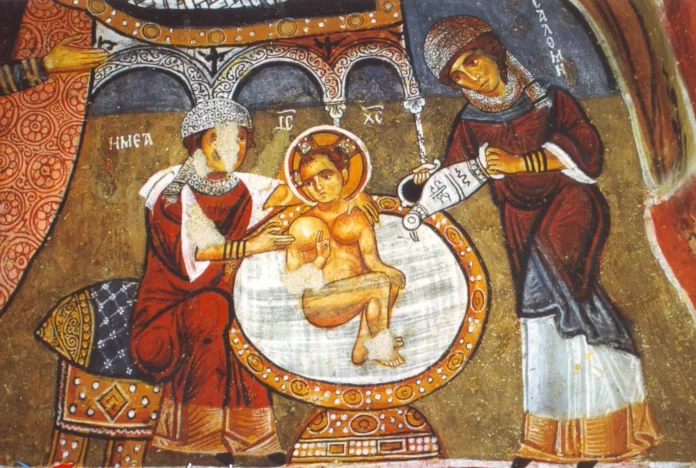 Salome (dešinėje) ir akušerė Emea (kairėje), maudančios Kūdikėlį Jėzų, yra dažnos stačiatikių Jėzaus gimimo ikonų figūros; čia jos pavaizduotos XII a. freskoje iš Kapadokijos / Public Domain nuotr.
