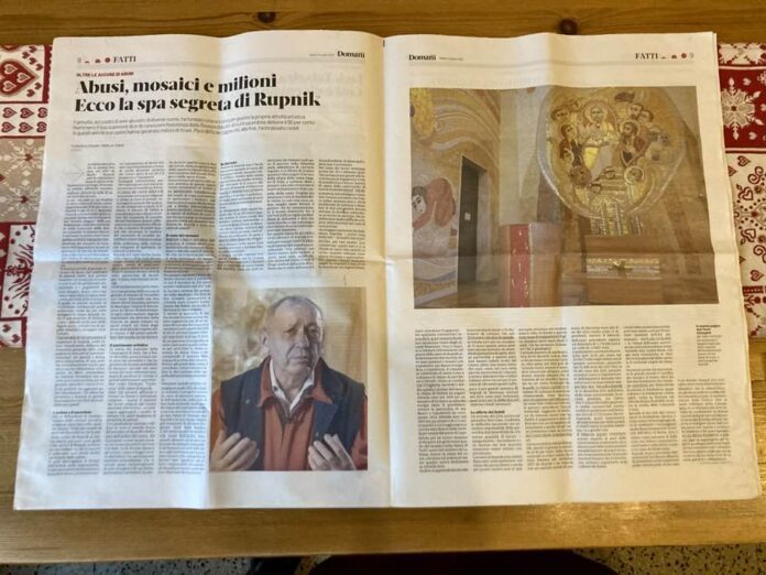 Straipsnis apie tėvą Marko Rupniką viename iš Italijos laikraščių / Soc. tinklų nuotr.