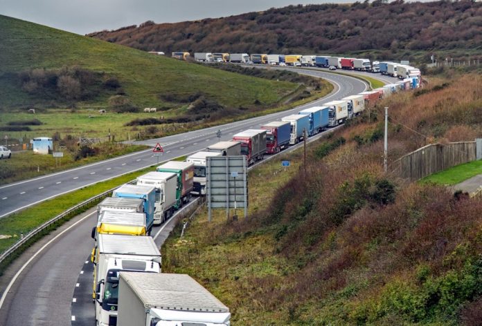 Krovininiai sunkvežimiai eilėje prie keltų Doveryje, Kente, Didžiojoje Britanijoje lapkričio 2 d. / EPA nuotr.
