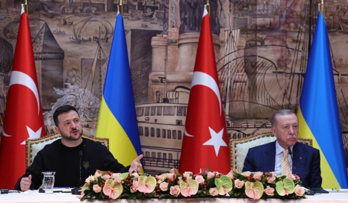 Turkijos prezidentas Recepas Tayyipas Erdoganas (dešinėje) ir ukrainos prezidentas Volodymyras Zelenskis / EPA nuotr.