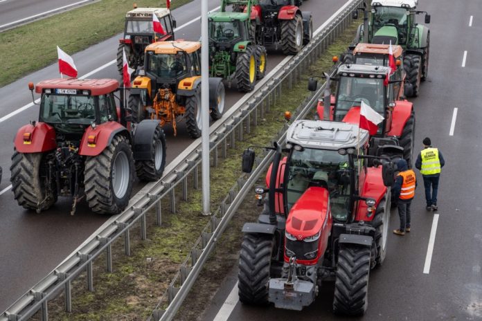 Lenkijos ūkininkai savo traktoriais blokuoja eismą greitkelyje per protesto akciją Krepieco kaime, rytų Lenkijoje, 2024 m. kovo 22 d. / EPA nuotr.